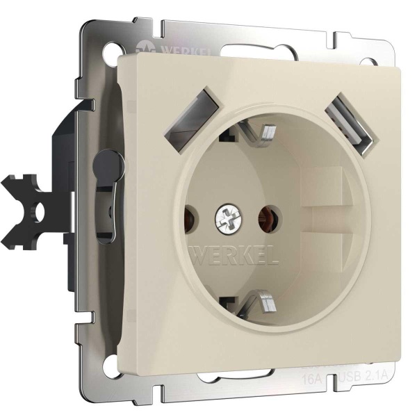 Розетка с заземлением, шторками и USBх2 Werkel слоновая кость W1171503 4690389155833