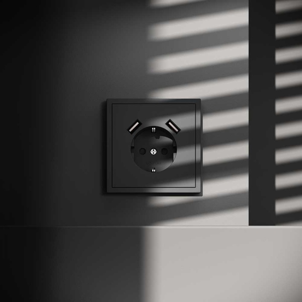 Розетка встраиваемая Voltum S70 с заземлением и защитными шторками, 16А, с USB, A+A, (графит) VLS040407