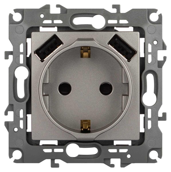 Розетка ЭРА Серия 12 12-4109-16 2P+E 16A-250В шторками с 2xUSB 5В-3А титан Б0065729