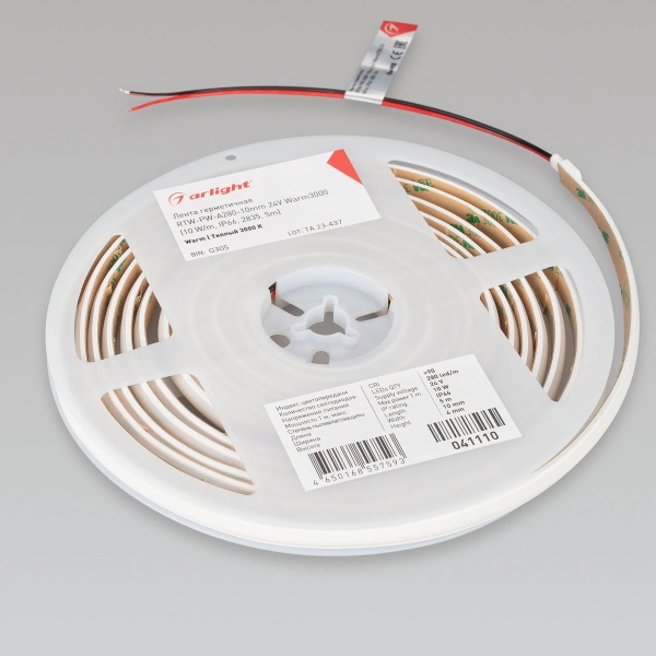 Светодиодная лента герметичная Arlight 10W/m 280LED/m 2835SMD теплый белый 5M RTW-PW-A280-10mm 24V 041110