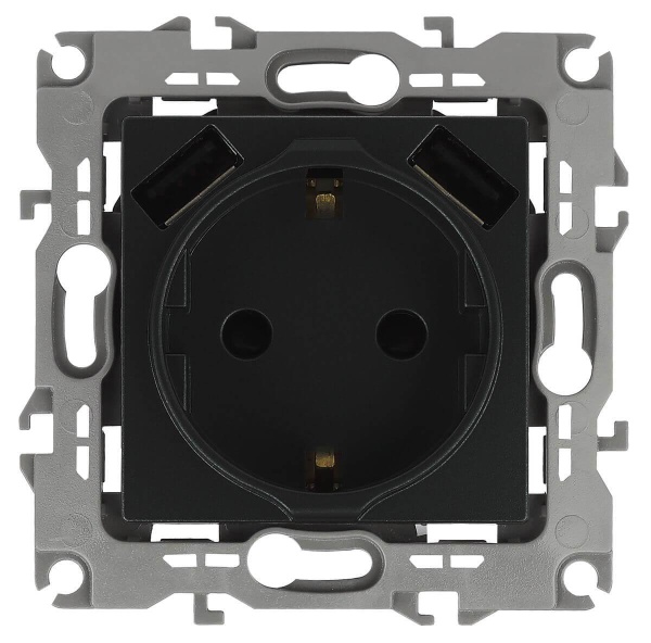 Розетка ЭРА Intro Solo Schuko P+E 16A 250V со шторками 2хUSB антрацит 12-4109-05 Б0047844 Розетка ЭРА Intro Solo Schuko P+E 16A 250V со шторками 2хUSB антрацит 12-4109-05 Б0047844