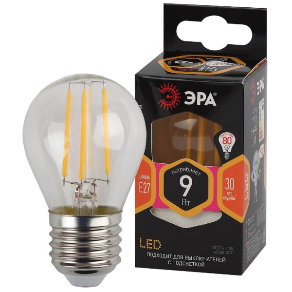 Лампа светодиодная филаментная ЭРА E27 9W 2700K прозрачная F-LED P45-9w-827-E27 Б0047023