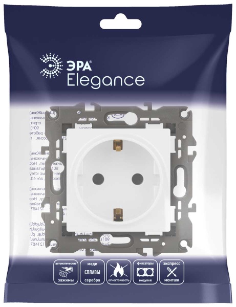 Розетка ЭРА Elegance 14-2101-01М с заземлением 2P+E Schuko 16А-250В белый матовый Б0065800