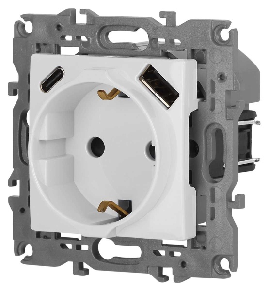 Розетка ЭРА Elegance 14-4108-01 2P+E 16A-250В со шторками с USB type-A+C 5В-3А белый Б0067736