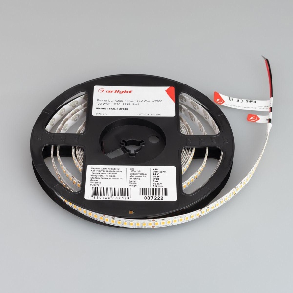 Светодиодная лента Arlight 20W/m 200LED/m 2835SMD теплый белый 5M UL-A200-10mm 24V Warm2700 037222