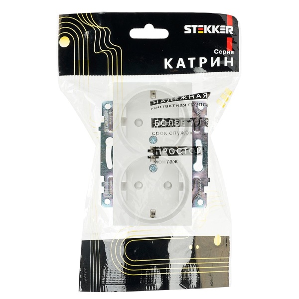 Розетка двойная 2P+PE Stekker Катрин со шторками белый GLS16-7114-01 39574