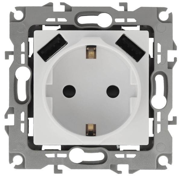 Розетка ЭРА Intro Solo Schuko P+E 16A 250V со шторками 2хUSB белый 12-4109-01 Б0047840 Розетка ЭРА Intro Solo Schuko P+E 16A 250V со шторками 2хUSB белый 12-4109-01 Б0047840