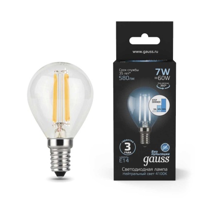 Лампа светодиодная филаментная Gauss E14 7W 4100К прозрачная 105801207