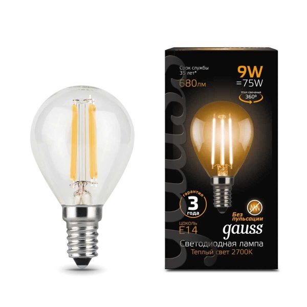 Лампа светодиодная филаментная Gauss E14 9W 2700К прозрачная 105801109