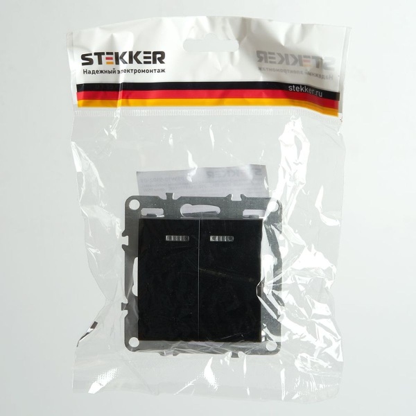 Выключатель двухклавишный Stekker Эрна с подсветкой черный PSW10-9102-03 49147