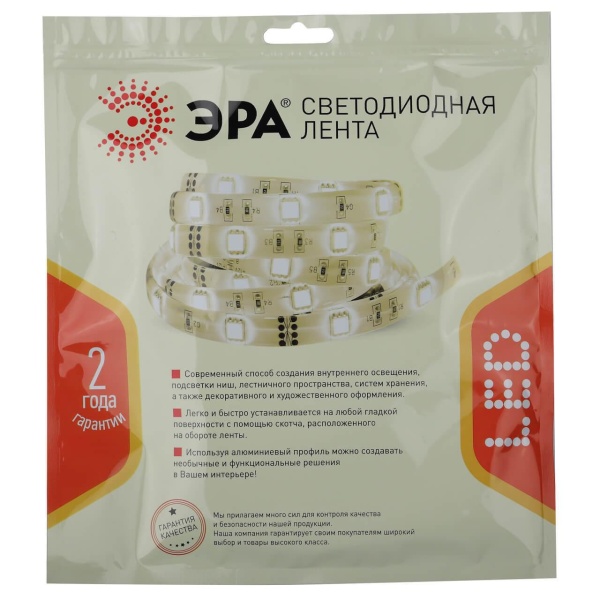Светодиодная лента ЭРА 14,4W/m 60LED/m 5050SMD белый 5M LS5050-14,4-60-24-33-4000К-5m Б0043114