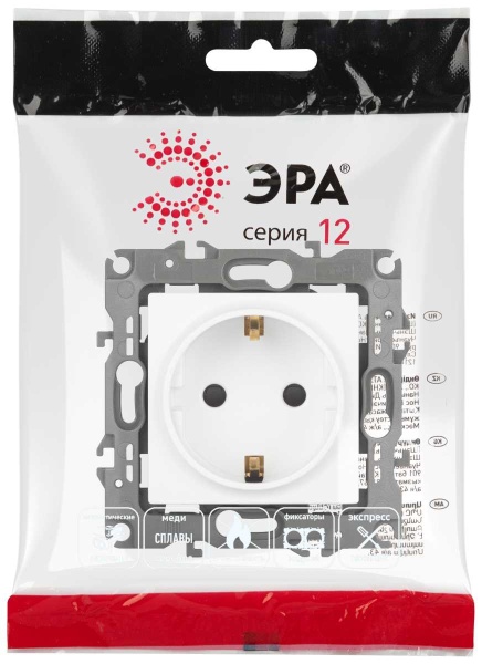 Розетка ЭРА Серия 12 12-2102-01М 2P+E Schuko со шторками 16А-250В белый матовый Б0065661