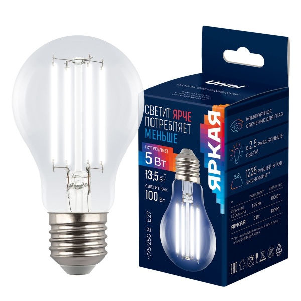 Лампа светодиодная Uniel E27 5W 4000K прозрачная LED-A60-5W/4000K/E27/CL GLY01TR UL-00011933