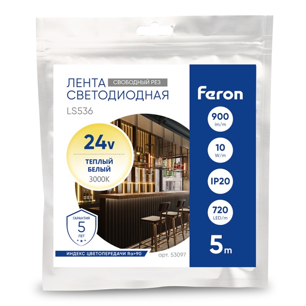 Светодиодная лента Feron 10W/m 720LED/m 2110SMD 3000К 5M свободный рез LS536 53097