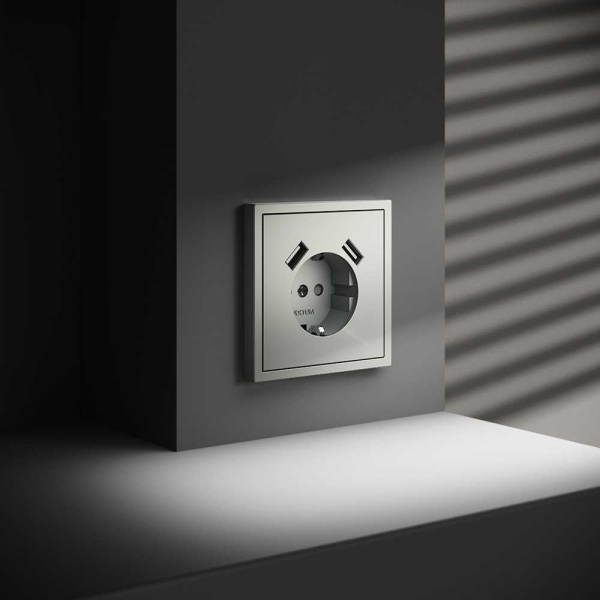 Розетка встраиваемая Voltum S70 с заземлением и защитными шторками, 16А, с USB, A+A, (сталь) VLS040405