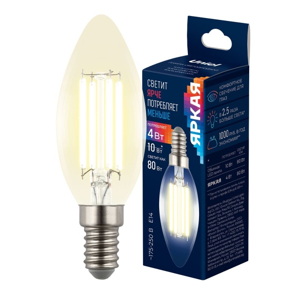 Лампа светодиодная Uniel E14 4W 3000K прозрачная LED-C35-4W/3000K/E14/CL GLY01TR UL-00011936