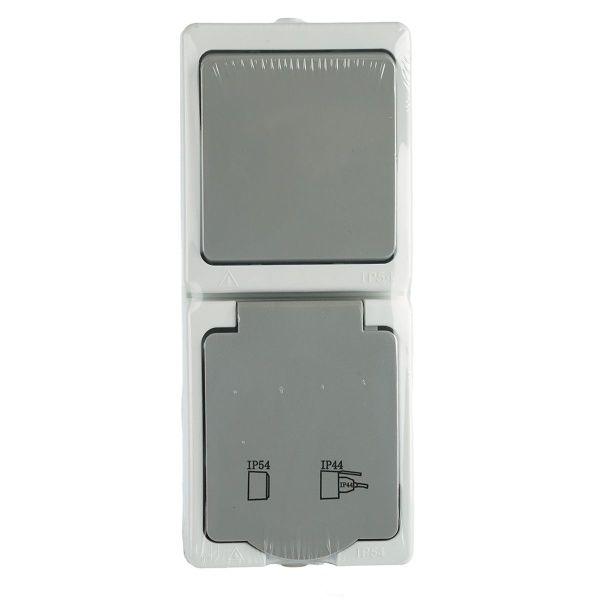 Блок розетка 1-местная с/з+  выключатель 1-клавишный STEKKER, PST16-21-54V/10-211-54,белый/серый 49738