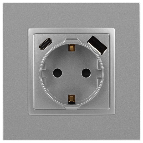 Розетка ЭРА Elegance 14-4108-03 2P+E 16A-250В со шторками с USB type-A+C 5В-3А алюминий Б0067741