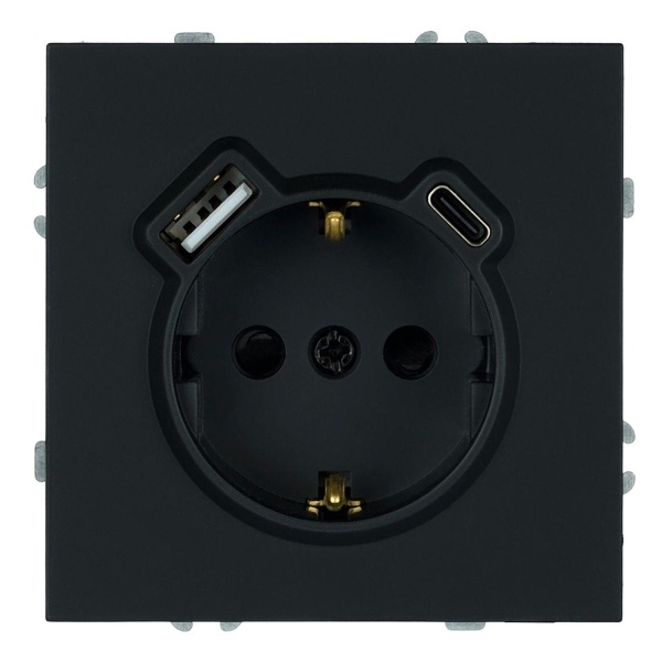 Розетка 1-местная з/ш с/з 16А + USB + Type C (механизм), Stekker, 250В, 20W Эмили, черный уголь, soft-touch, RST16-5119-05 50218