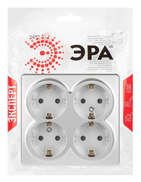 Розетка ЭРА Эксперт 11-2211-03 четверная с заземлением 4х2P+E Schuko со шторками IP20 16A-250В ОУ алюминий Б0063022