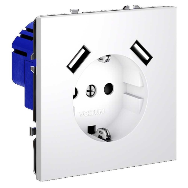 Розетка встраиваемая Voltum S70 с заземлением и защитными шторками, 16А, с USB, A+A, (белый матовый) VLS040402