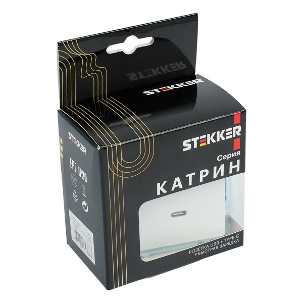 Розетка USB 2-местная + type C (механизм), STEKKER GLS10-7116-01, 250В, 3А, max 20W, серия Катрин, белый 50051
