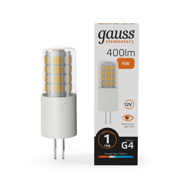 Лампа светодиодная Gauss G4 4W 3000К прозрачная 10714