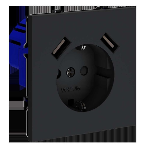 Розетка встраиваемая Voltum S70 с заземлением и защитными шторками, 16А, с USB, A+A, (графит) VLS040407