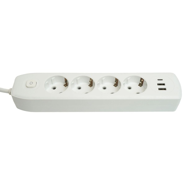 Удлинитель 4-местный c/з 3x1 мм2, 3 м, 250В, 10А, 2USB+1Type-C 2,4А Home plus, белый Stekker HM08-43-02 49978