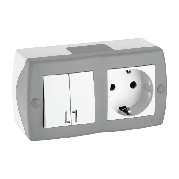Выключатель - розетка Mono Electric Octans IP20 двухклавишный - 2К+З бело-серый 104-020001-181 Выключатель - розетка Mono Electric Octans IP20 двухклавишный - 2К+З бело-серый 104-020001-181