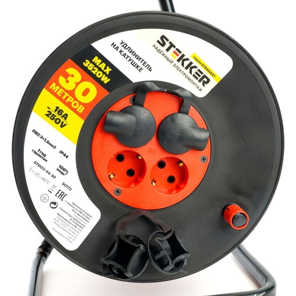 Удлинитель на катушке Stekker STD03-44-30 Standart 4-местный с/з ПВС 3*1,5, оранжевый, 16А, IP44, 30м (29407) 50172