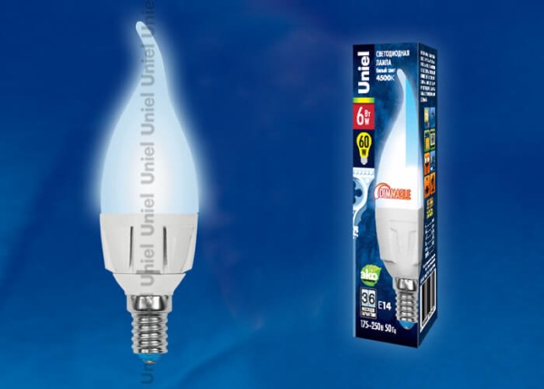 Лампа светодиодная диммируемая Uniel E14 6W 4500K матовая LED-CW37-6W/NW/E14/FR/DIM PLP01WH UL-00000727