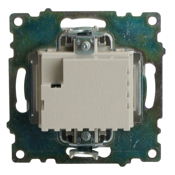 Розетка 2-местная USB + type C (механизм)), STEKKER GLS10-7116-03 , 250B, 3А, max 20W, серия Катрин, серебро 50054