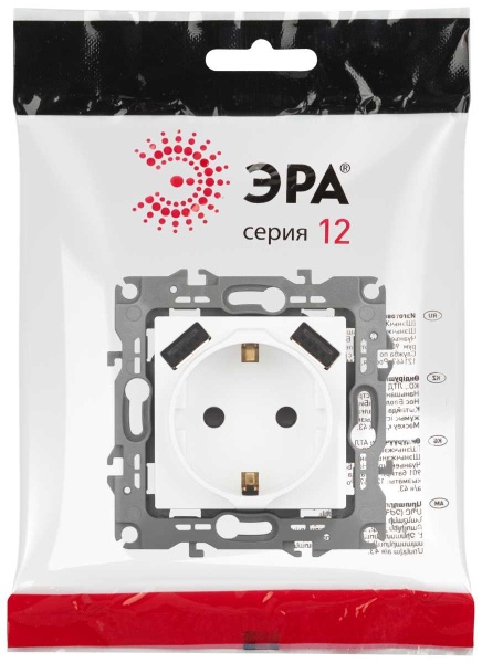 Розетка ЭРА Серия 12 12-4109-01М 2P+E 16A-250В штор. с 2xUSB 5В-3А белый матовый Б0065728
