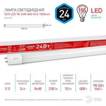 Лампа светодиодная ЭРА G13 24W 4000K матовая ECO LED T8-24W-840-G13-1500mm