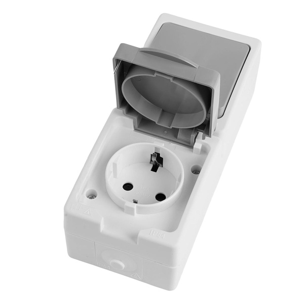 Блок розетка 1-местная с/з+  выключатель 1-клавишный STEKKER, PST16-21-54V/10-211-54,белый/серый 49738