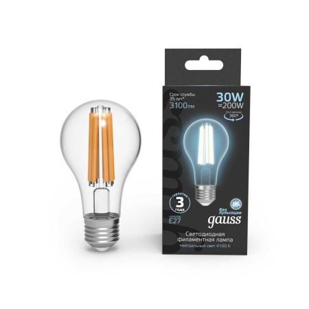 Лампа светодиодная филаментная Gauss E27 30W 4100K прозрачная 102902230