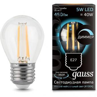 Лампа светодиодная диммируемая филаментная E27 5W 4100К прозрачная 105802205-D