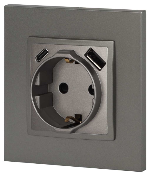 Розетка ЭРА Elegance 14-4108-16 2P+E 16A-250В со шторками с USB type-A+C 5В-3А титан Б0067695