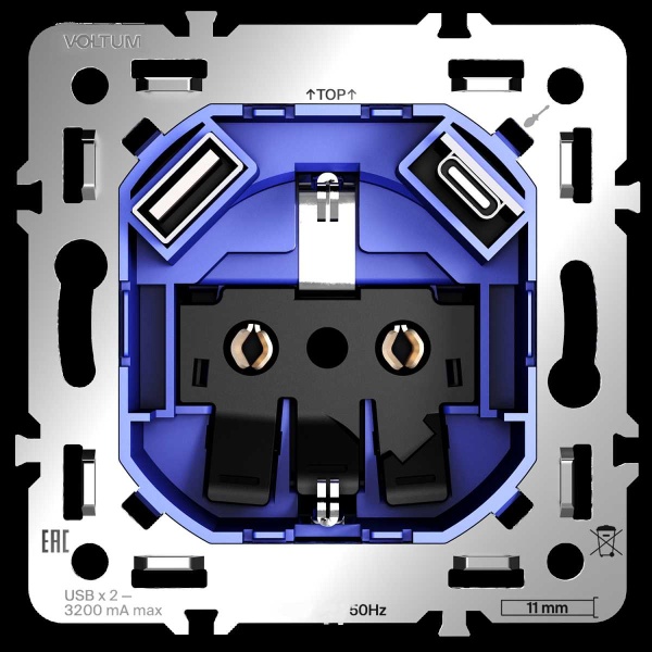 Механизм розетки с заземлением и защитными шторками 16А с USB A+C S70 Voltum VLS0405M