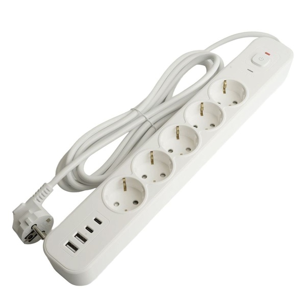 Сетевой фильтр 5-местный с/з Stekker 3x1мм2, 3 м, 250В, 16А, 2 USB-A+2 Type-C 3, серия Nova, белый 50103