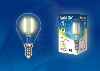 Лампа светодиодная филаментная (UL-00003250) E14 7,5W 3000K прозрачная LED-G45-7,5W/WW/E14/CL GLA01TR