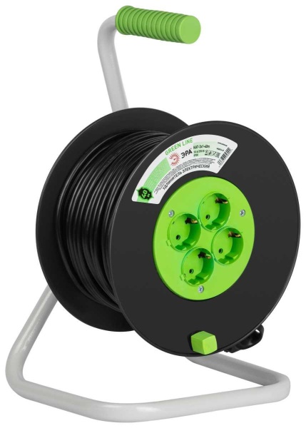 Удлинитель силовой ЭРА GREEN LINE KAT-3x1-40m Greenline на катушке пластик 4 розетки с заземлением 40м ПВС 3x1мм2 Б0065116