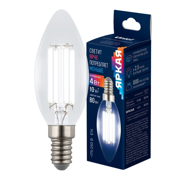 Лампа светодиодная Uniel E14 4W 4000K прозрачная LED-C35-4W/4000K/E14/CL GLY01TR UL-00011937