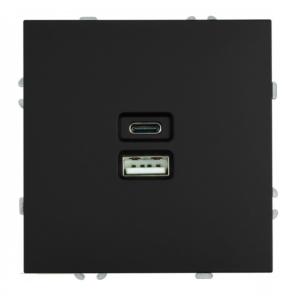 Розетка 2-местная USB + Type C (механизм), STEKKER, 250В, 20W, серия Эмили, RST10-5115-05, черный уголь, soft touch 49853
