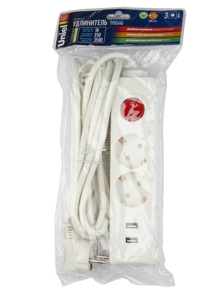 Удлинитель Uniel 2гн х 3м c/з Standard S-GCD2-3BU White UL-00006677