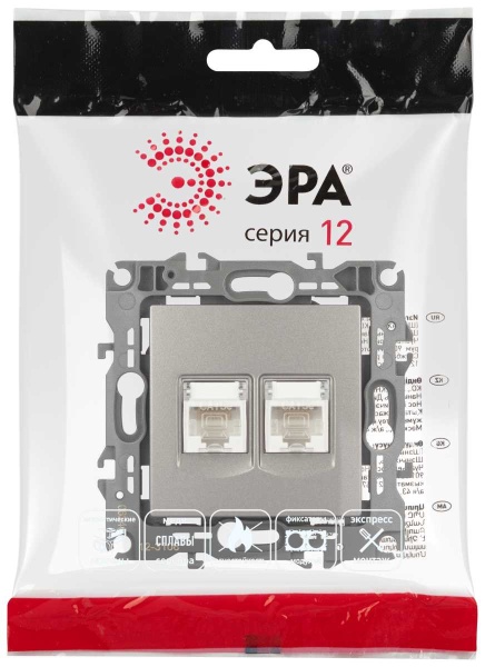 Розетка ЭРА Серия 12 12-3108-16 информационная двойная 2XRJ45 титан Б0065665