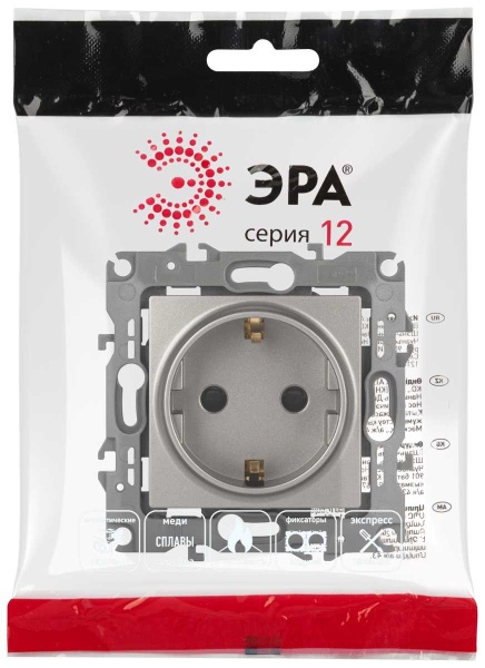 Розетка ЭРА Серия 12 12-2102-16 2P+E Schuko со шторками 16А-250В Эра12 титан Б0065651