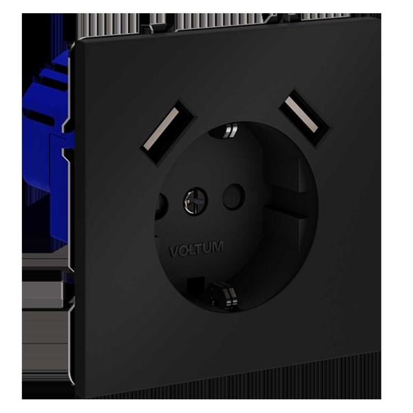Розетка встраиваемая Voltum S70 с заземлением и защитными шторками, 16А, с USB, A+A, (черный матовый VLS040408