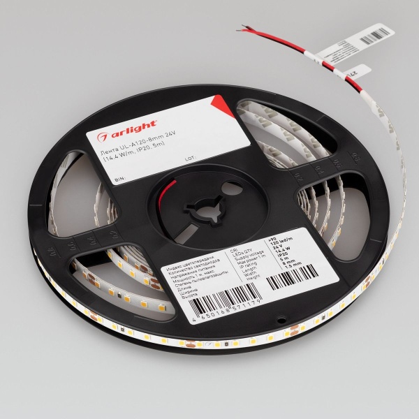 Светодиодная лента Arlight 4W/m 120Led/m 2835SMD теплый белый 5M UL-A120-8mm 24V Warm2700 042305